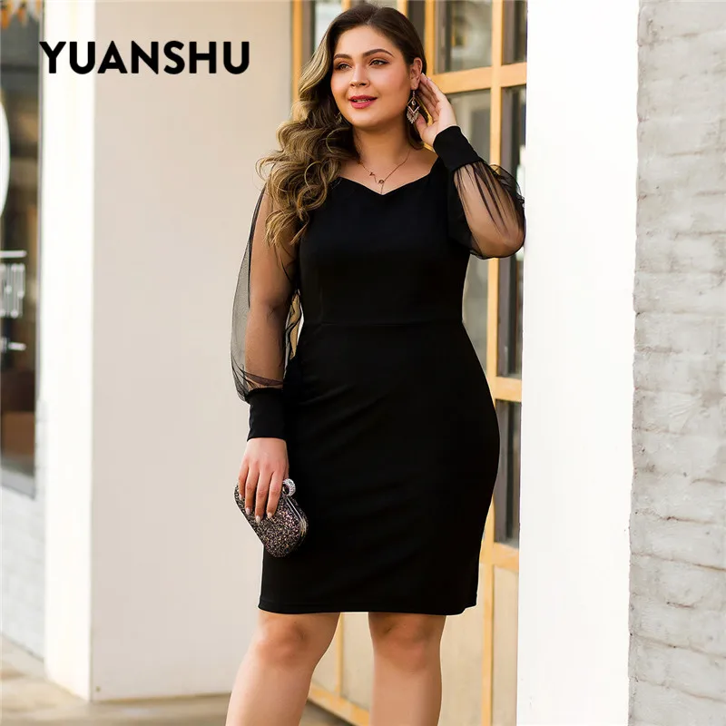 Женское вечернее платье YUANSHU черное Сетчатое большого размера с длинным рукавом