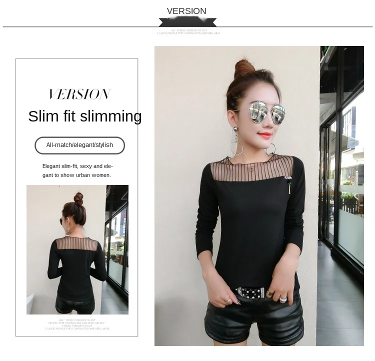 

fashion pure cotton Women T-shirts Slim Mesh stitching Sexy black Tops Autumn new Long Sleeve T-shirt Office Lady Bottoming Tees