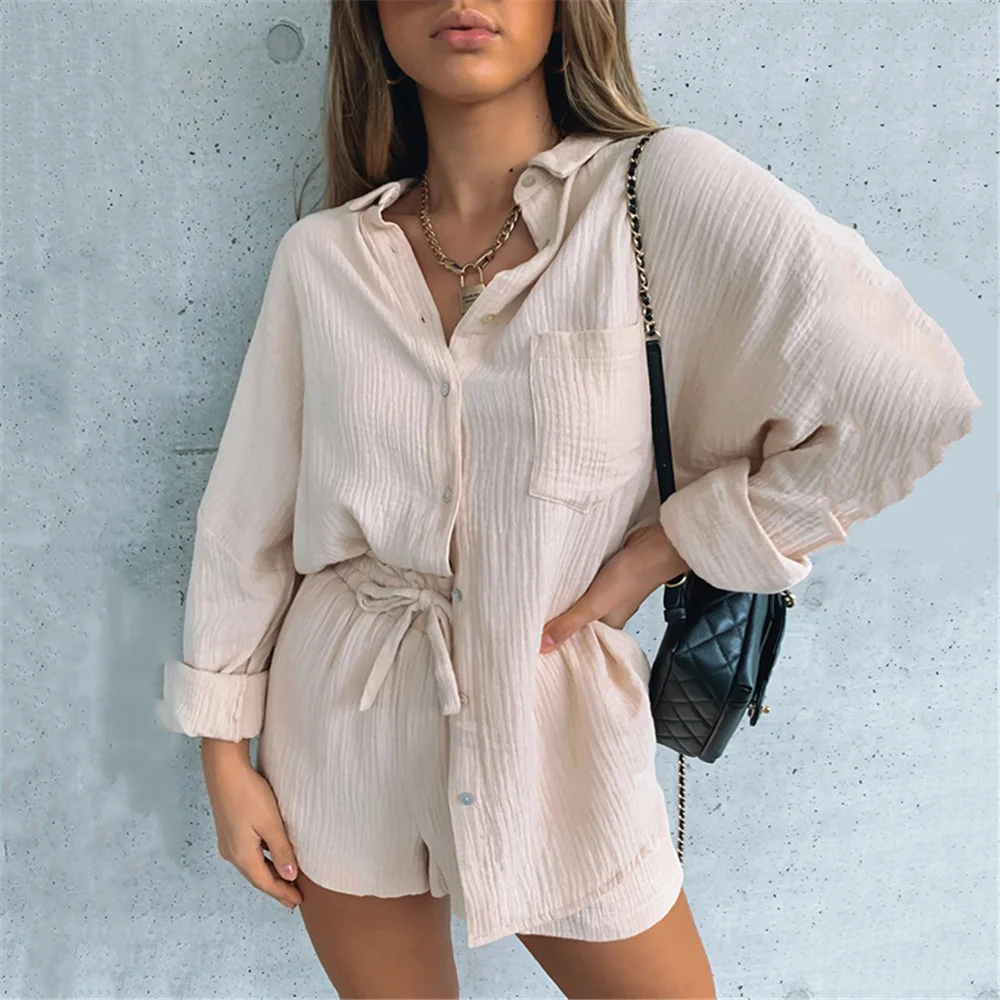 

DAILOU 2021 Summer Long Sleeve Top Shirt And Shorts Casual Women Set Women Two Pieces Set Loose Outfit Female Tracksuit Outfits