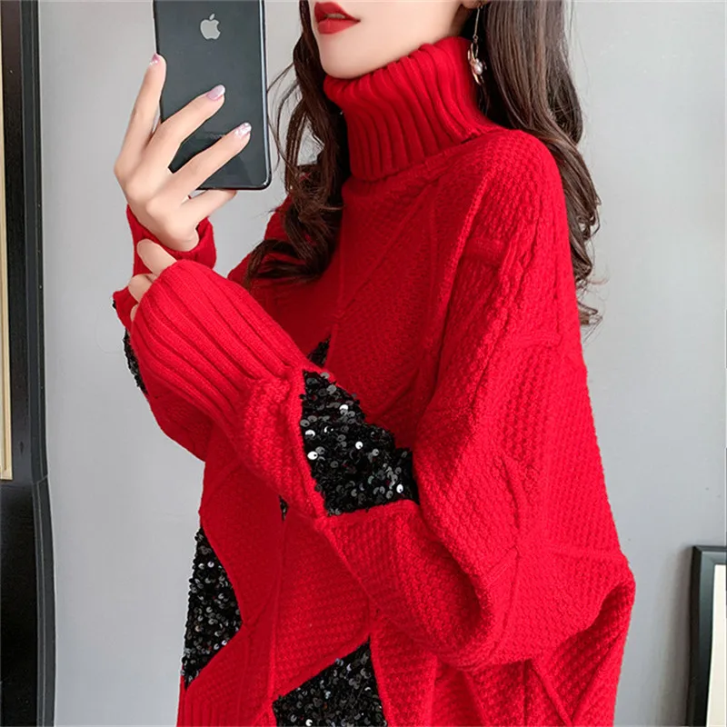 

2020 Autumn And Winter New Loose Wild Thick Turtleneck Sweater Women's Pullover Retro Diamond Sweater Outer Wear Trendy C293