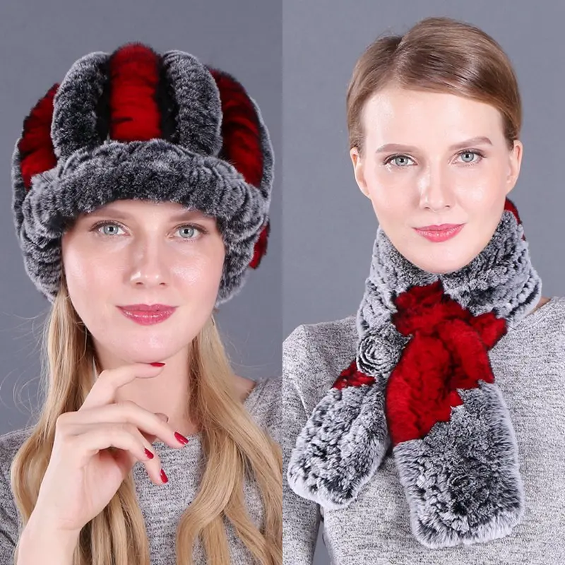 Новая модная меховая шапка для девочек, Женский Зимний натуральный настоящий мех кролика, шапка, шарф, люкс качество, женская натуральная меховая шапка, глушитель - Цвет: color4