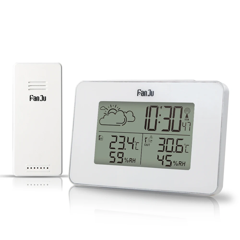 FanJu FJ3364 Метеостанция Будильник цифровой беспроводной датчик Forecast Snooze настольные часы DCF термометр гигрометр инструменты - Цвет: Белый