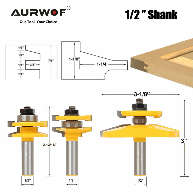 

12mm 1/2" Shank 3 Bits 15 Degree Chamfer Cabinet Door Tenon Router Bit Set Rail & Stile Raised Panel Milling Cutter MC03121