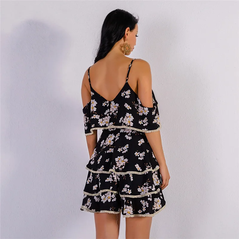 

2020 Summer Casual Elegant Women Print Mini Dress Fashion Slash Neck Backless Ruffles Dress