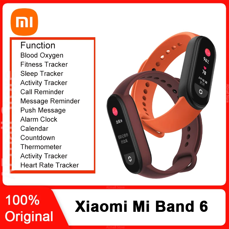 

Xiaomi Mi Band 6 Global Smart 1,56 дюймов AMOLED экран, кислород, пульсометр, фитнес-трекер, Bluetooth, 5 АТМ, водонепроницаемый