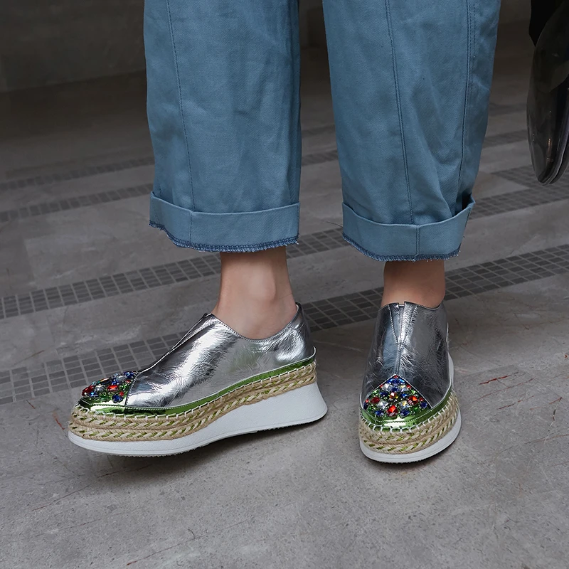 

Steinmeier Women Genuine Leather Casual Shoes Basic Shoes Spring Auntumn Classic Design Rhinestone Appliques Concise Shoes Woman