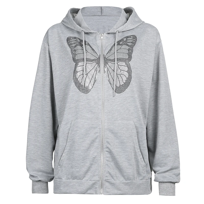 

Kawaii Butterfly Graphic Cotton Black Y2K Oversized Hoodies Women 2020 Zip Up Long Sleeve Sweatshirts Streetwear Gray Top Autumn