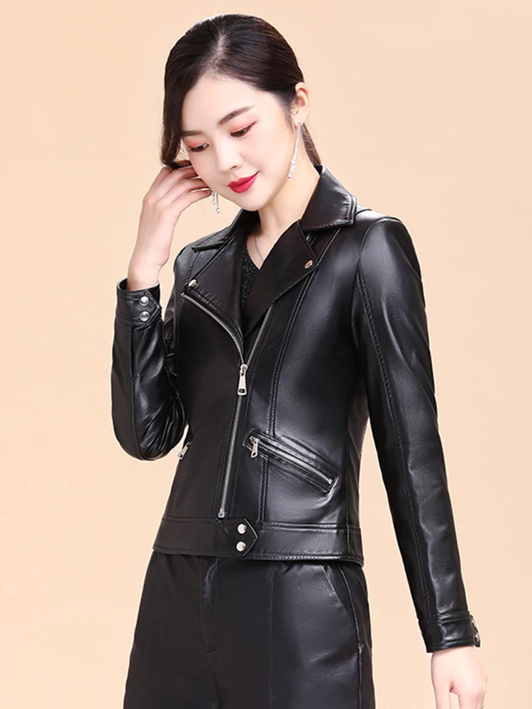 Spring Autumn New Women's Genuine Leather Motorcycle Jacket Ladies Short Korean Slim Fashion Lapel Sheepskin Suit Collar Coats