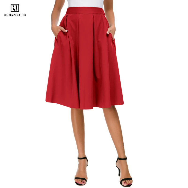 Городской CoCo Для женщин однотонные Цвет расклешенная трапециевидная юбка с карманами Высокая талия миди плиссированная юбка
