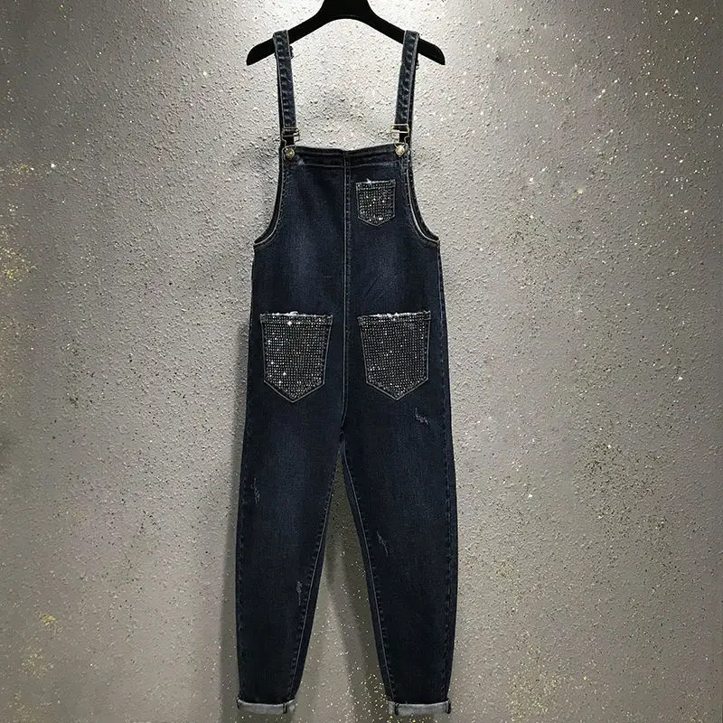 Ladies Hot Rhinestone Denim Overalls Amoi Loose Thinning Hole Nine Points Harlan Wide Leg Jumpsuit Mom Jeans Cargo Pants Women
