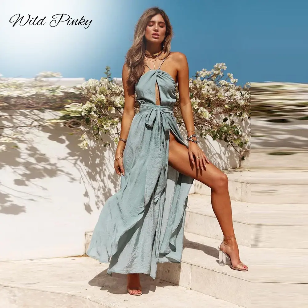 

WildPinky 2021 New Women Summer Boho Maxi Long Dress Evening Party Beach Dresses Sundress Backless Halter Dress Summer Vestidos