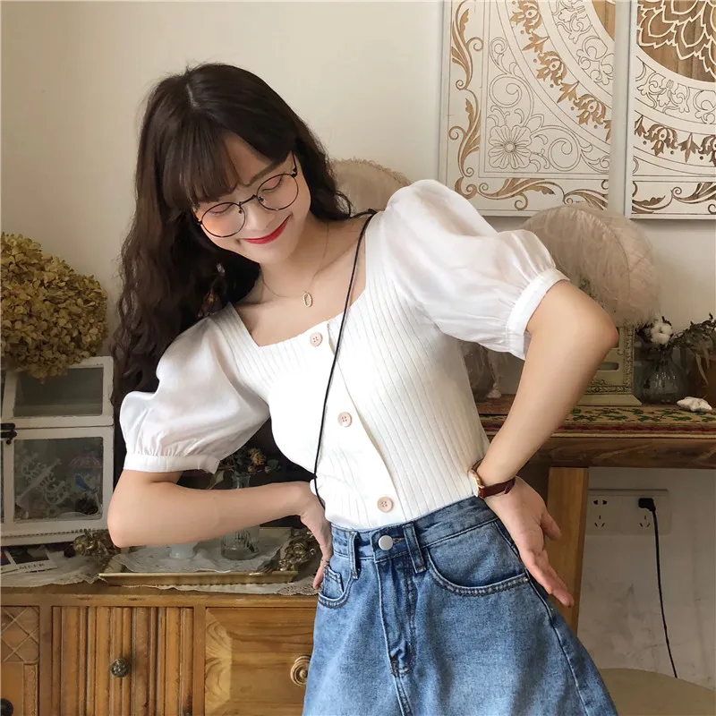 

Cute Shirts Women Square Collar Short Sleeve Retro Fashion Chic Daily Womens Tops And Blouses Oversized Crop Top Button Up Shirt