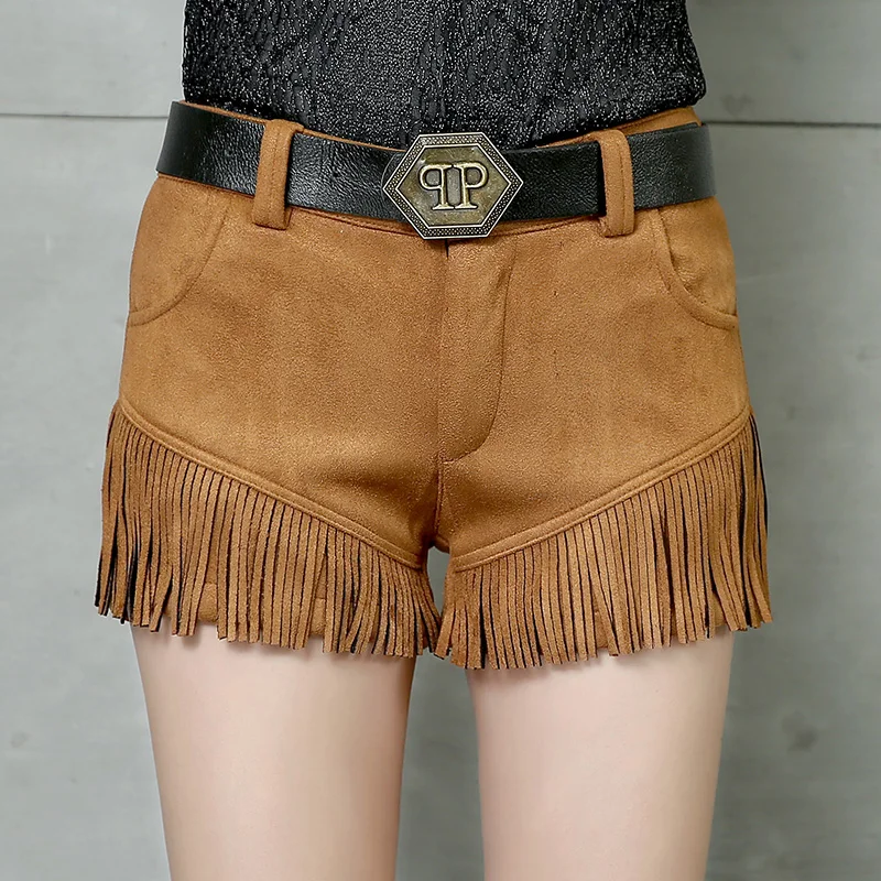 Замшевые шорты с карманами и бесплатным поясом черные облегающие бахромой