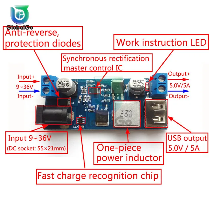 5A DC-DC шаг вверх Мощность модуль повышающий преобразователь Напряжения DC 9V-36V до 5 2