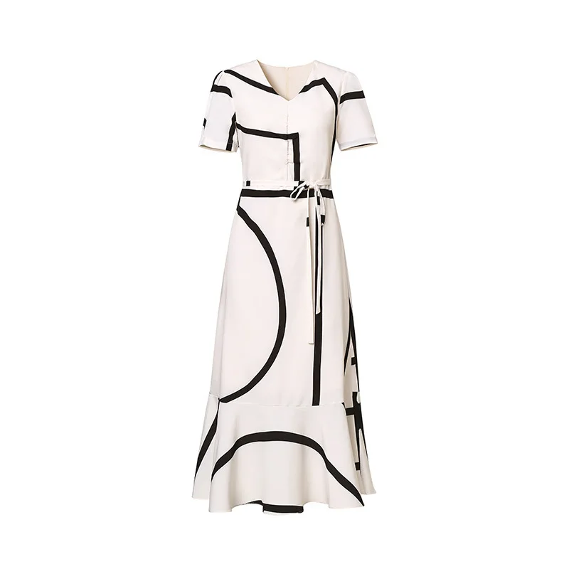 

Gezelligheid Dresses For Women 2021 Summer New Fashion Slim Elegant Casual Belt Short Sleeve Print Luxury Mermaid Midi Dress