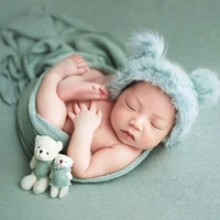 3 pcsset newborn photography prop fluffy stretch knit wrap with cute rabbit fur hat teddy bear toy baby blanket costume