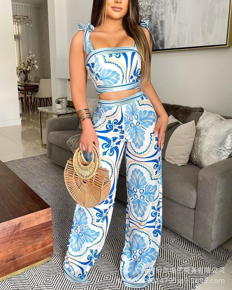 

2021 women's new sling printing two-piece suit
