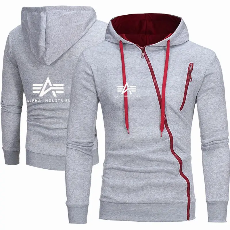

2021 spring and autumn men's sweater fashion oblique zipper men's casual sports slim-fit hooded cardigan sweater letter printing