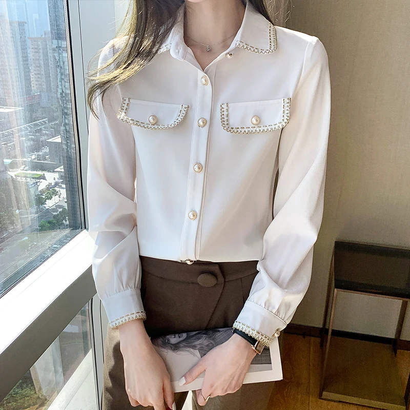

2021 Fashion Women Blouses Shirts Long-sleeved Top Thick Selvedge Button Elegant Blouse Retro Elegant Pearl Ladies Tops Clothing