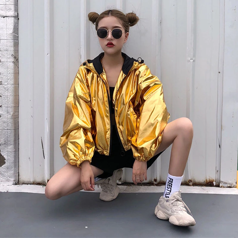 Куртка-бомбер женская с золотыми блестками куртка капюшоном в стиле хип-хоп