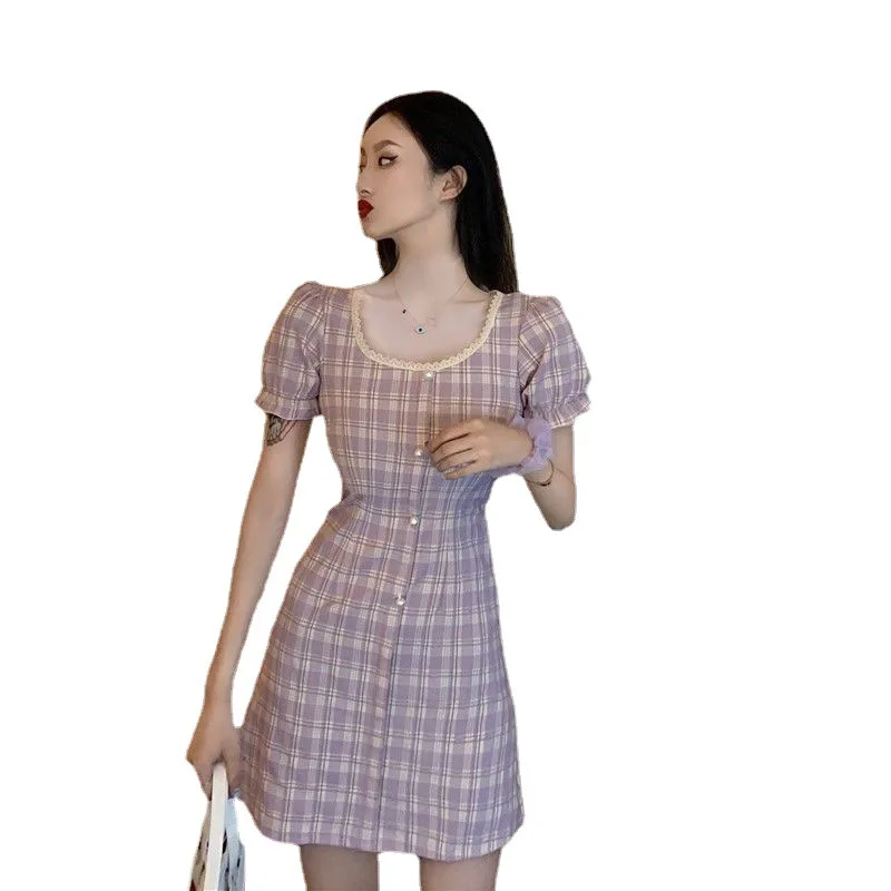 

Big U-neck short waist slimming plaid dress women's summer casual a-line skirt women's French puff sleeve short skirt women's cl