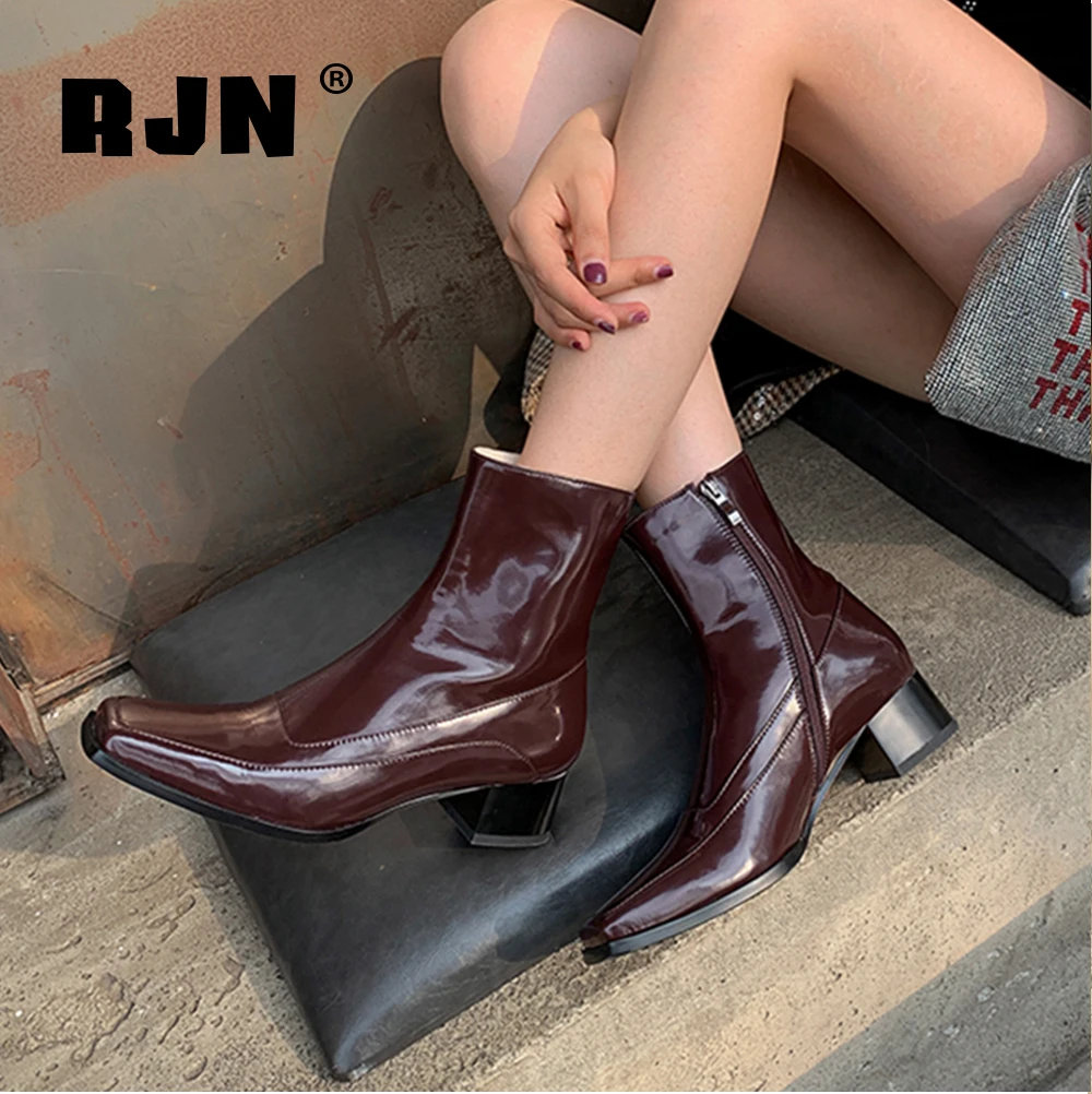 RJN New Fashion Ankle Boots Classic Little Square Toe Zipper High-quality Cow Leather Women Shoes Mid Heel Black RO200 | Обувь