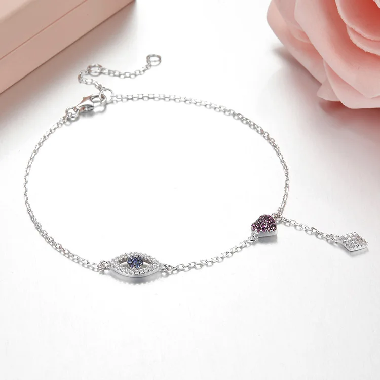 Браслет на ногу женский из серебра 925 пробы с забавным глазом и сердцем |