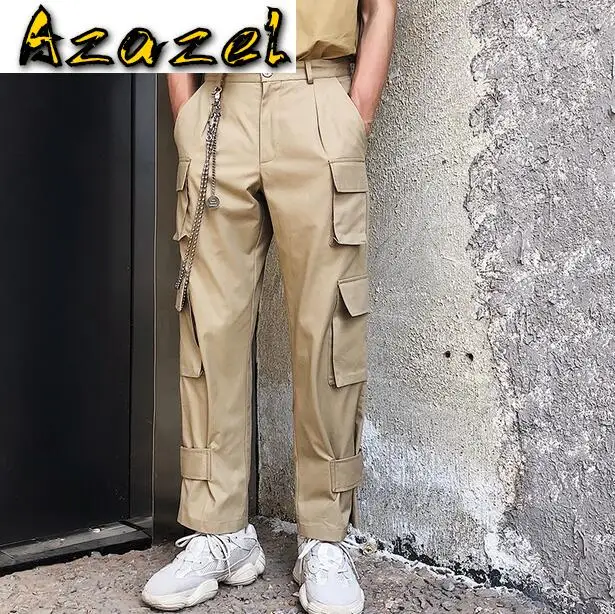 HOT Spring and summer new Men cotton tooling wide-leg pants male Korean trend Fashion casual straight multi-pocket trousers