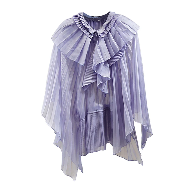 

Ruffled V-neck Shirt for Women 2021 Summer Fall Mid-Length Batwing Sleeve Shirts Womans Pleated Blouse Fashion Loose Blouses