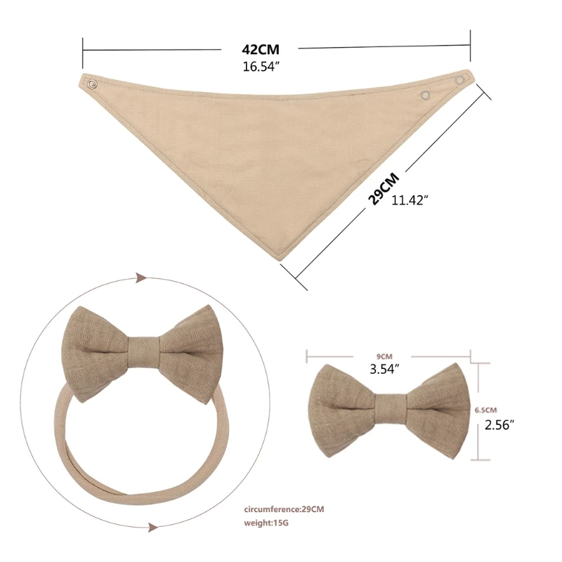 

2 Pcs Baby Girls Elastic Bow Headband Saliva Towel Set Princess Cotton Solid Color Bowknot Hair Band Bib Kit