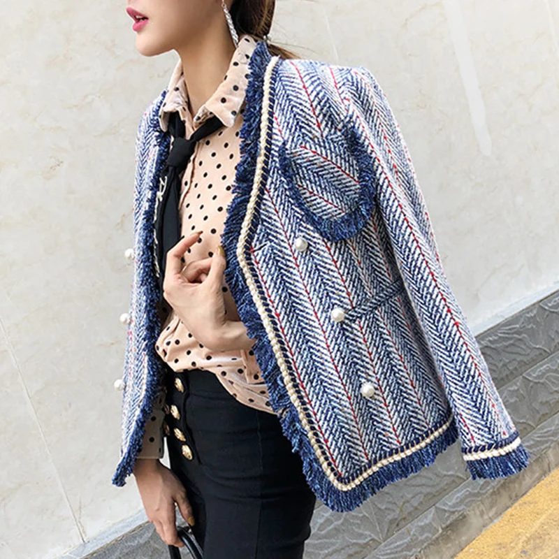 Полосатый Зимний синий белый Блейзер Женский длинный рукав v-образный вырез