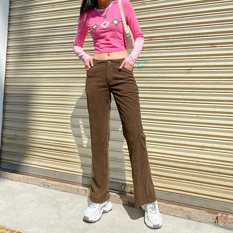 

Новые женские винтажные прямые брюки со средней талией, однотонные свободные вельветовые брюки с карманами