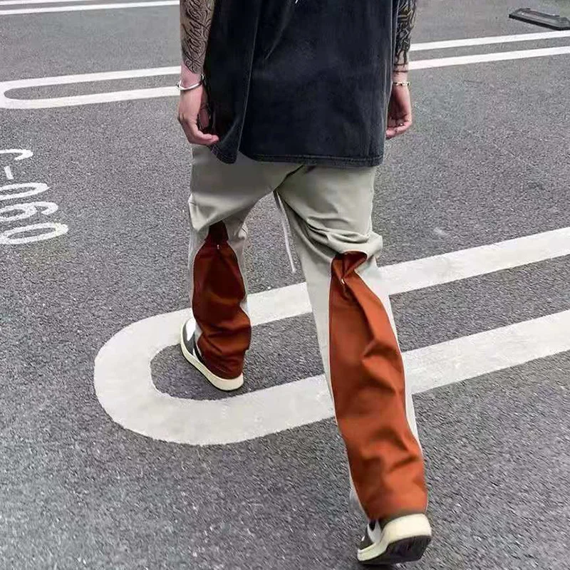 Straight Drawstring Pants High Street Pockets Color Cargo Block Oversize Mens Casual Overalls Harajuku Loose Trousers Streetwear
