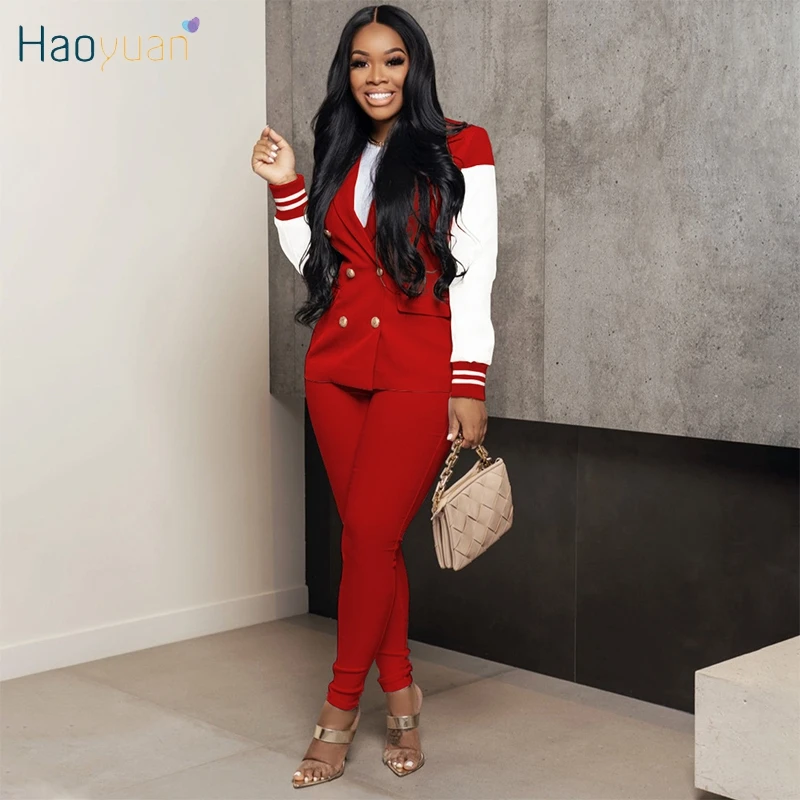 

Пикантный комплект из двух предметов HAOYUAN, блейзер на пуговицах, брюки-карандаш, Офисная Женская одежда, деловой наряд для женщин, модные подходящие наряды