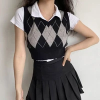 sweater vest women black sleeveless plaid knitted crop sweaters casual autumn preppy style%c2%a0tops v neck vintage knitting pullover