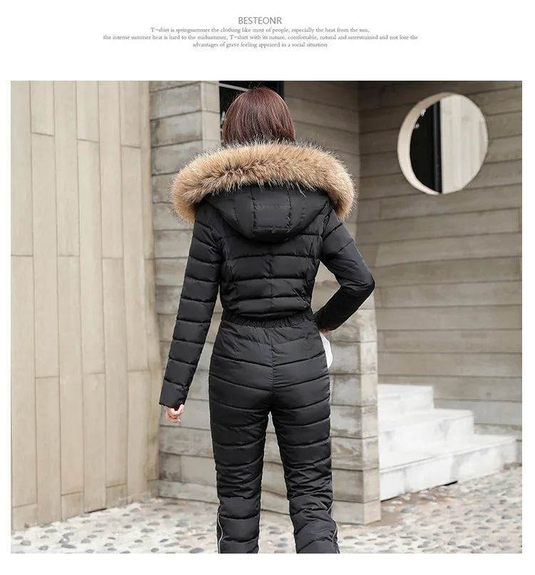 Winter new down cotton pad women fashion women two-piece cotton Raccoon Fur collar hooded thick warm jumpsuit women G1156