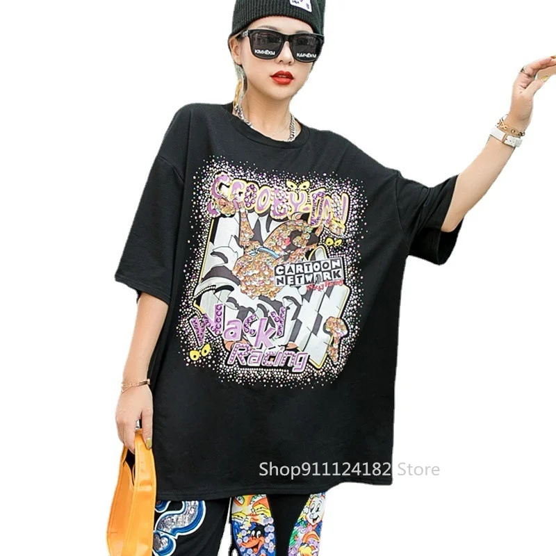 

Thailand Women's T-shirt 2021 Cartoon Heavy Industry Hot Diamond Sequins Mid-Length Loose And Thin mm Short-Sleeved tshirt Women