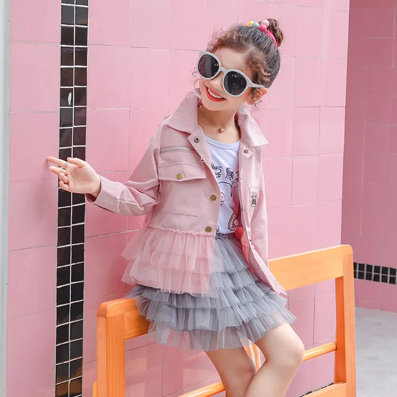 2020 Spring Teen Girls Jacket Outfit for Casual Lace Cropped Jackets Pink Kids Thin Coat Children Clothes 3-13 Year | Детская одежда и