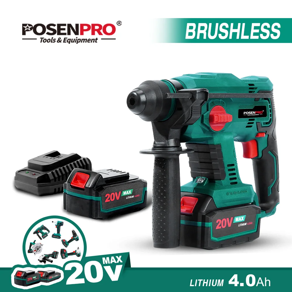 

Brushless Electric Rotary Hammer Cordless Hammer 20V 4 Function Hammering Machine Drilling Concrete Tool POSENPRO