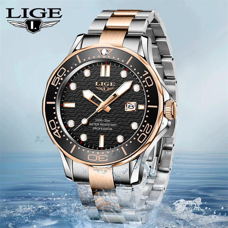 

2022 LIGE New Men Watches Luxury Silicone Strap Sport Waterproof Quartz Wrist Watch For Mens Fashion Rotating Bezel Date Watch