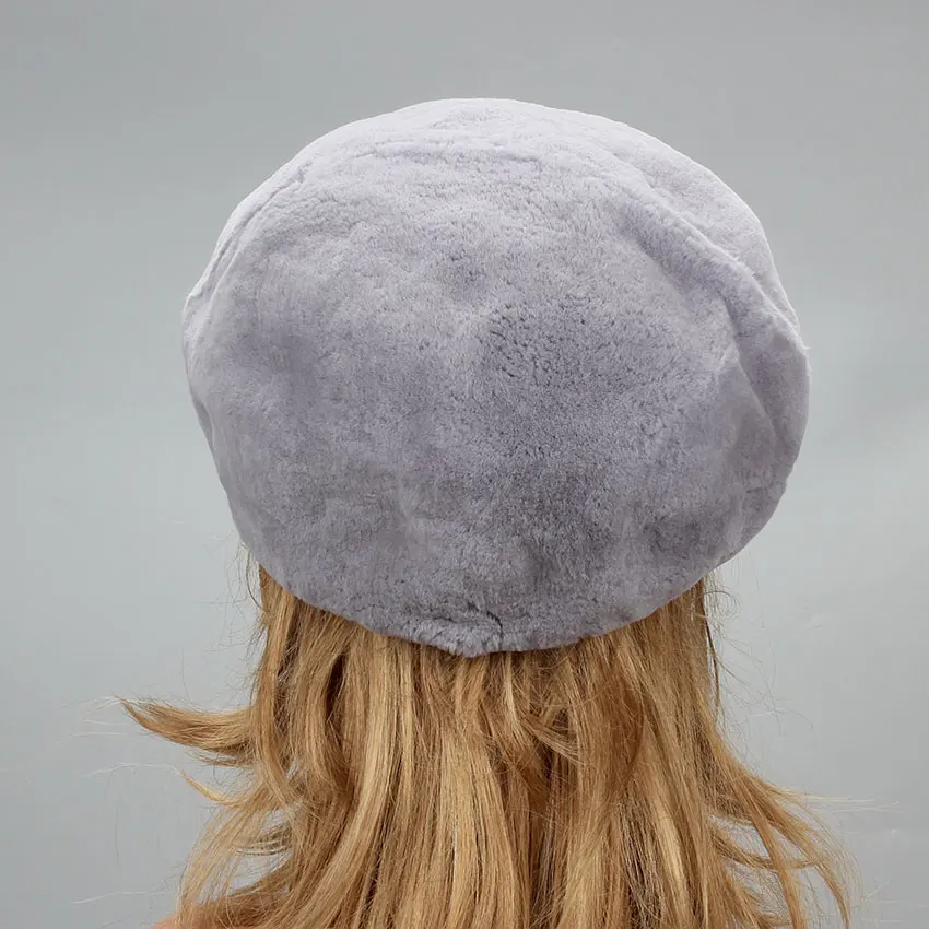 

Women French Beret Beanie Real Fur Cap Wool Soft Retro Plain Beret Solid Color Elegant Ladies Rex Rabbit Fur Winter Russian Hat