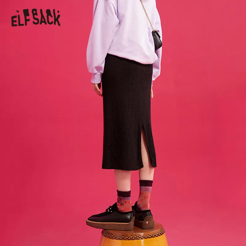 ELFSACK Black Solid Split Empire Waist Knitted Skirt Women Winter Pure New Elegant Skinny Office Ladies Daily Skirts