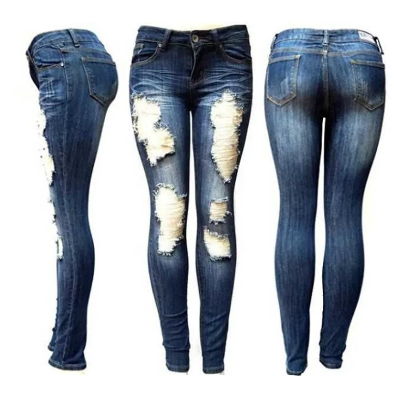

Jeans Woman High Waisted Straight Skinny Stretchy Pant Streetwear Women Solid Color Hole Washed Denim Pencil Pants Trousers