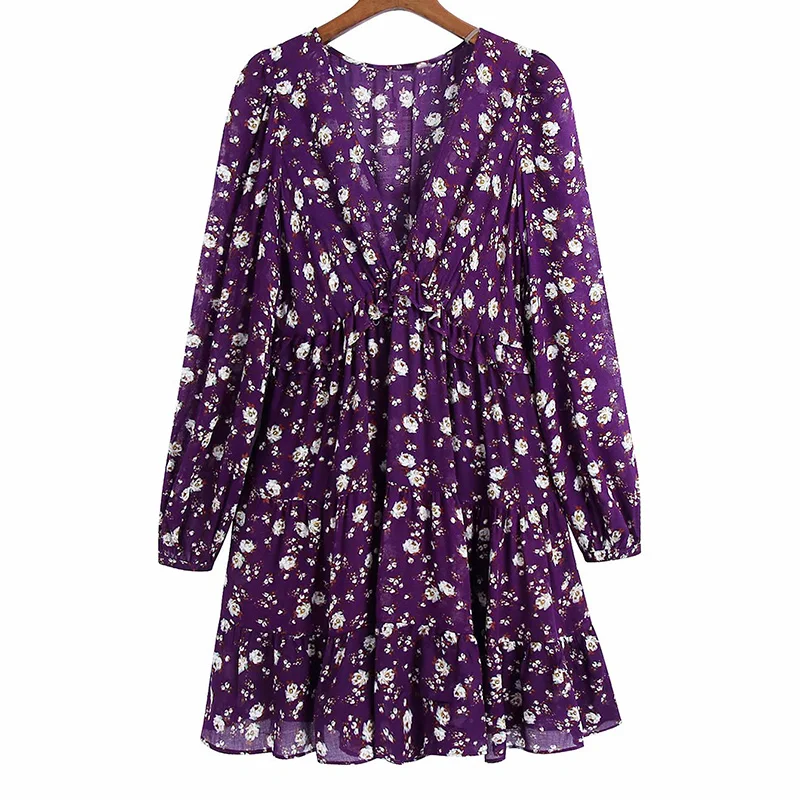 

Fashionable Elegant Print Chic Mini Summer Dress For Ladies V Neck Long Sleeve A Line Small Floral Short Dresses Women 2021 New