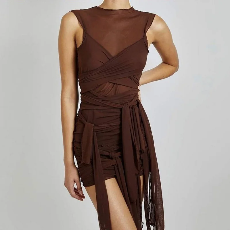 

Brown Ribbons Mesh See Dress Through Bodycon Party Dresses Women Sexy Clubwear Mini Dress Solid Sleeveless Basic Female Outfits