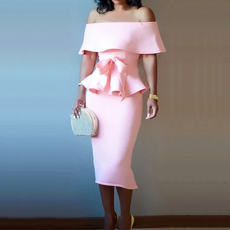 

2021 New Pink Two Piece Set Women Party Date Night Dress Off Shoulder Peplum Ruffles Sashes