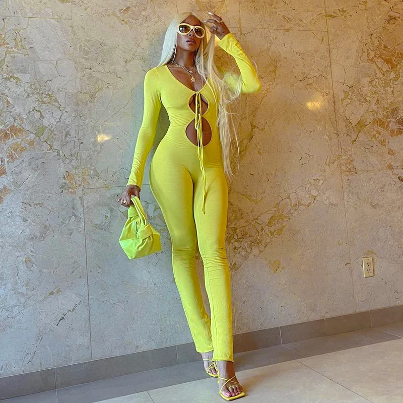 

hirigin 2021 Solid Long Sleeves Bandage Cut Out Sexy Jumpsuit Summer Autumn Women Fashion Streetwear Outfits Party Elegant Wear