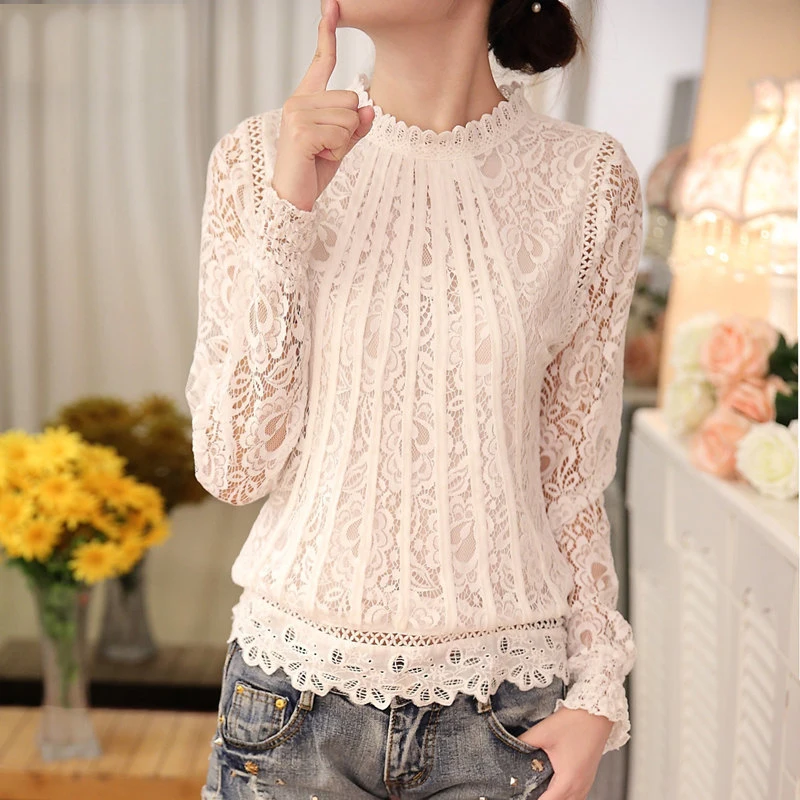 2020 новые осенние женские Белые блузы с длинным рукавом шифоновое кружево крючком