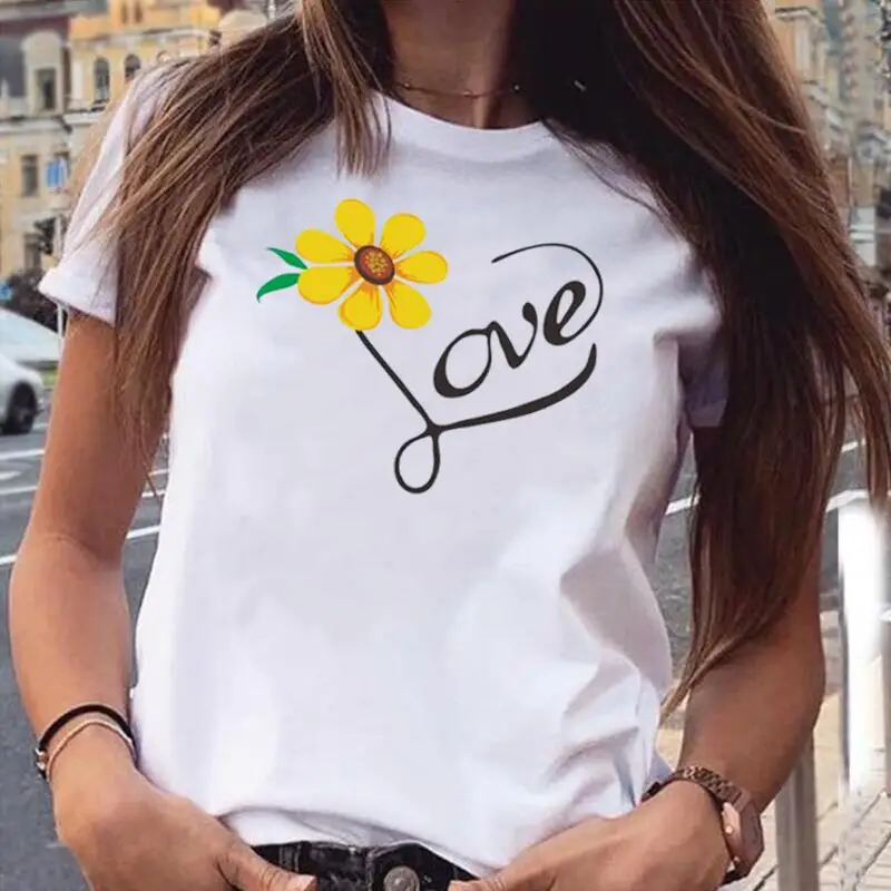 

Love Sunflower Plants Heart Family Print Tee Shirt Femme Summer Short Sleeve T Shirt Women Tops Casual Tshirt Camiseta Mujer