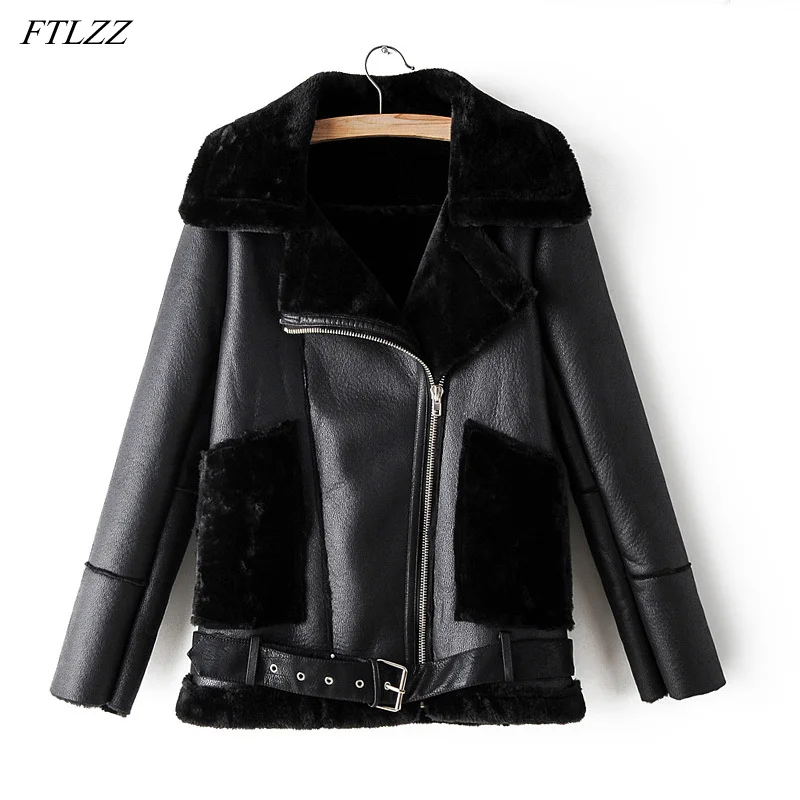 

FTLZZ 2022 Winter New Faux Lamb Leather Jacket Women Turndown Collar Warm Thick Faux Leather Coat Wool Fur Outwear with Belt